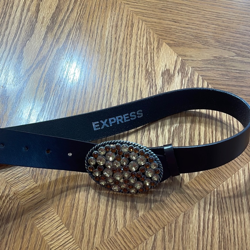 NWOT Express Dark brown belt with gold & brown rhinestone buckle. Size small
